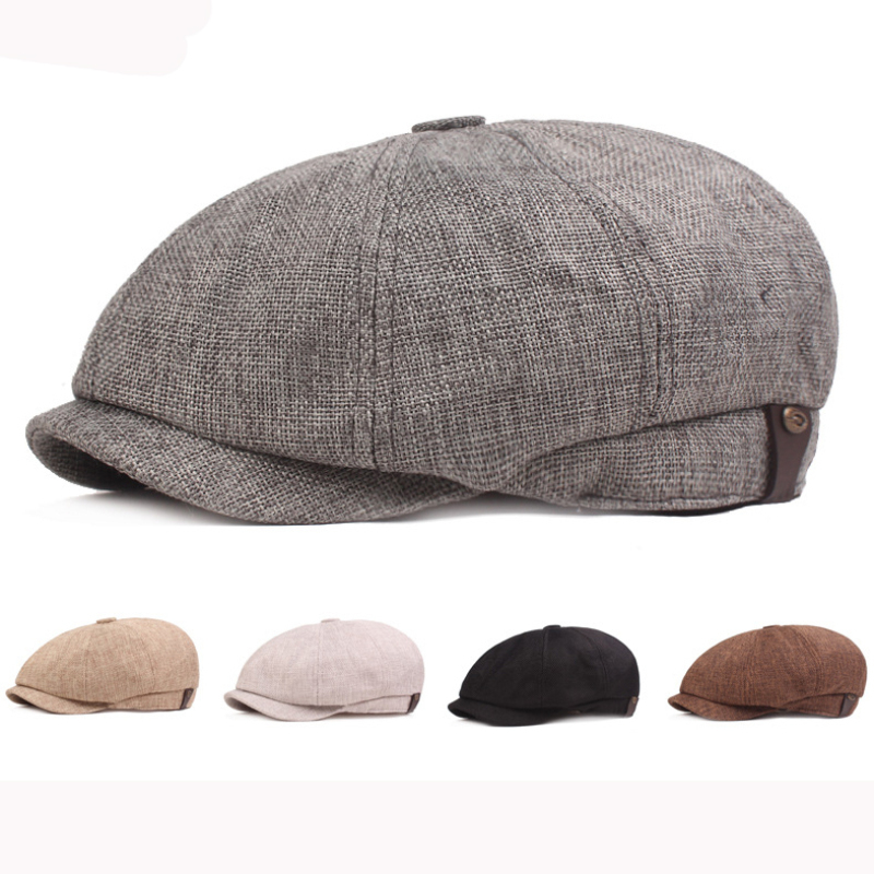 

HT3127 Beret Summer Linen Ivy Flat Cap Men Women Beret Hat Octagonal Newsboy Cap Retro Artist Painter Hat Adjusted Men, Black