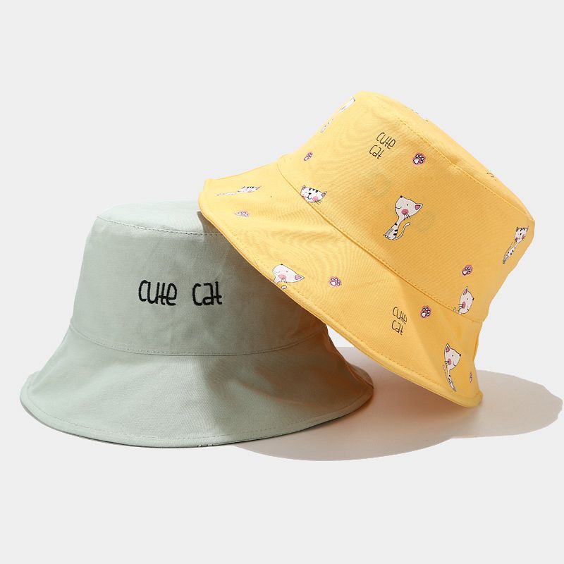 

2020 Bucket Hat Double Sided Sun Hats For Women Men Basin Chapeau Cartoon Cat Print Fisherman Cap Students Bob Femme Panama Hats, White