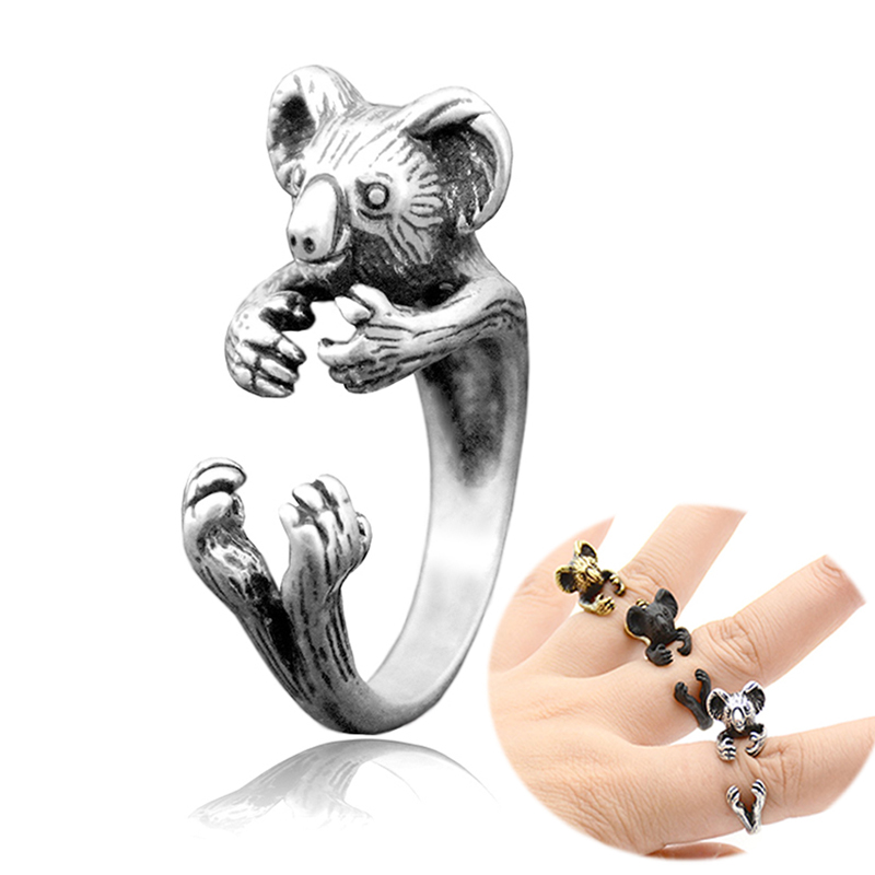 

Vintage Silver Plated Miniature Koala Bear Rings For Women Animal Jewelry Anillos Boho Wedding Ring Men Anel Gifts For Lovers