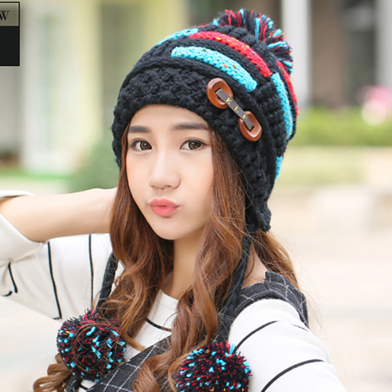 

New Winter Hat Female Winter Plus Furry Hat Female Korean Autumn and Ball Warm Ear Protective Knitted hats, White