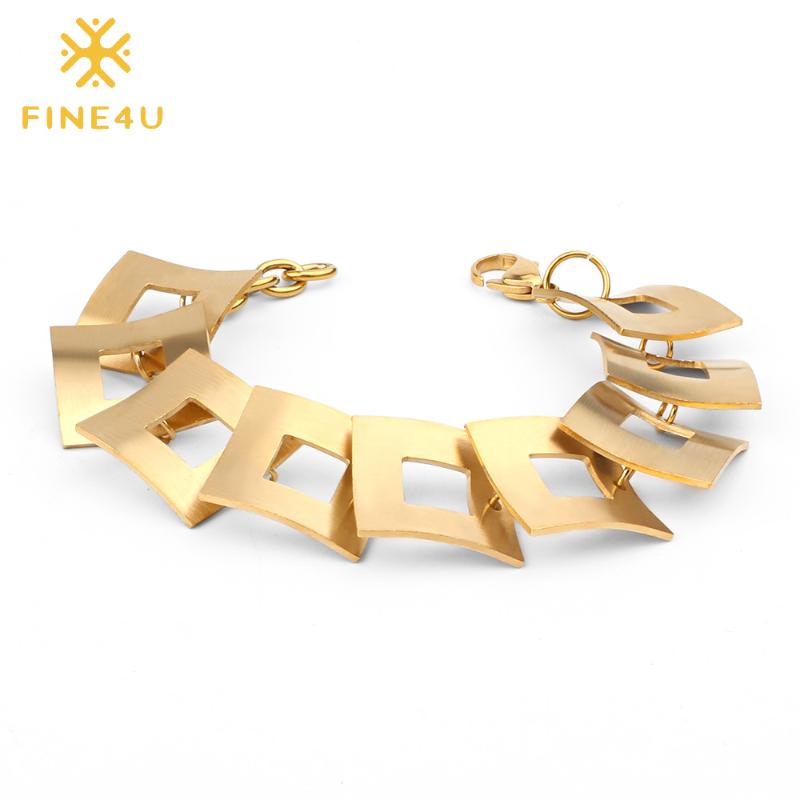 

FINE4U B155 Classic Design Square Charm Bracelet For Women Gold Color Stainless Steel Bracelets 2020 Hyperbole Jewelry