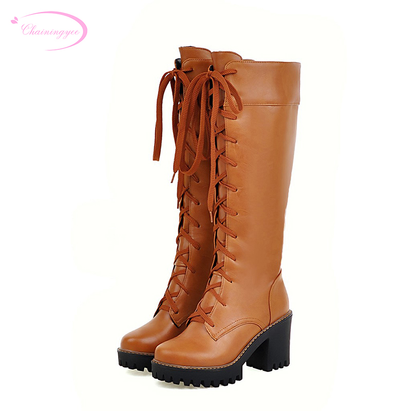 

Chainingyee college comfortable round toe knee high boot fashion lace up black yellow white high-heeled women riding boots