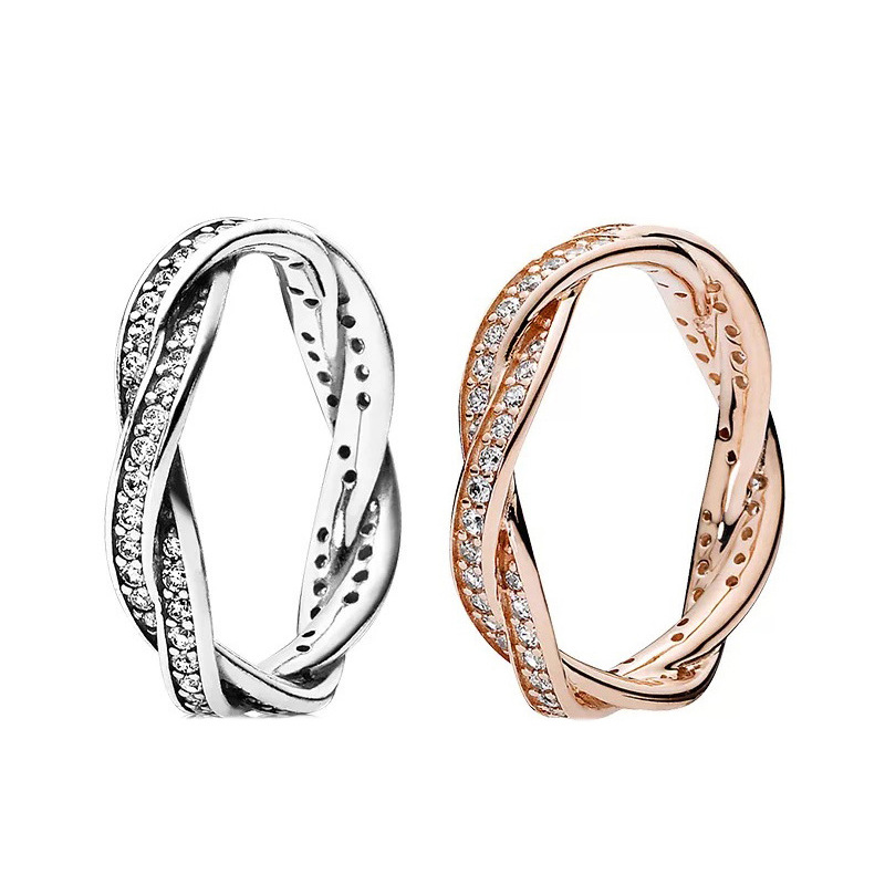 

Free shipping 925 Sterling Silver Sparkling Twisted Lines Rings CZ Crystal For Women European Original DIY Jewelry