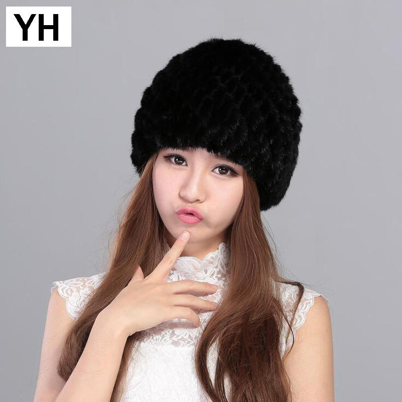 

Women Genuine Real Hat Winter Real Beanies Caps Warm Knitted Cap Wholesale Retail Free Shippinng, Black