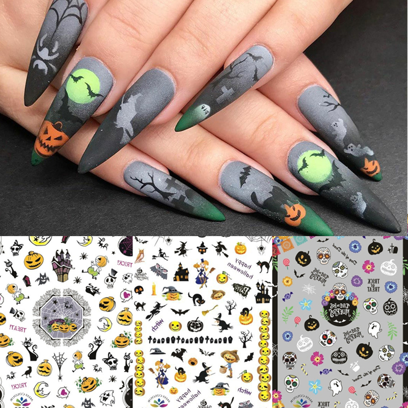 

Halloween 3D Nail Art Stickers Slim Pumpkin Skull Nail Art Decorations Tips Decals Manicure Tools Nail Sticker Pegatinas De Uñas, As picture