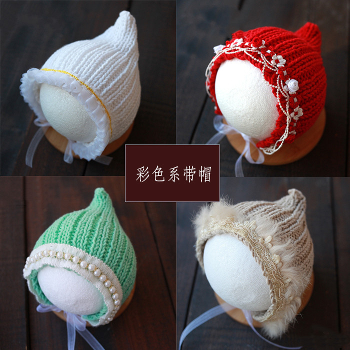 

New color lace tie pointed hat wool hat newborn children photography props pink blue green, White