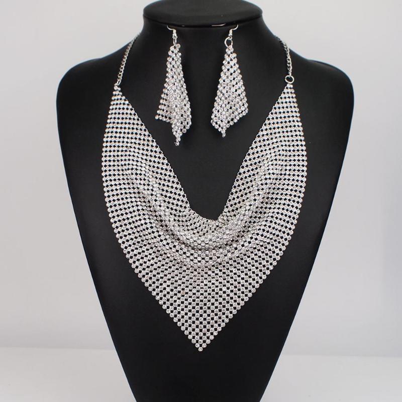 

Rhinestone Chokers Set Metal Slice Maxi Necklace And Earrings Women Party Dress Accessories Fashion Jewelry Sets UKEN, As pic