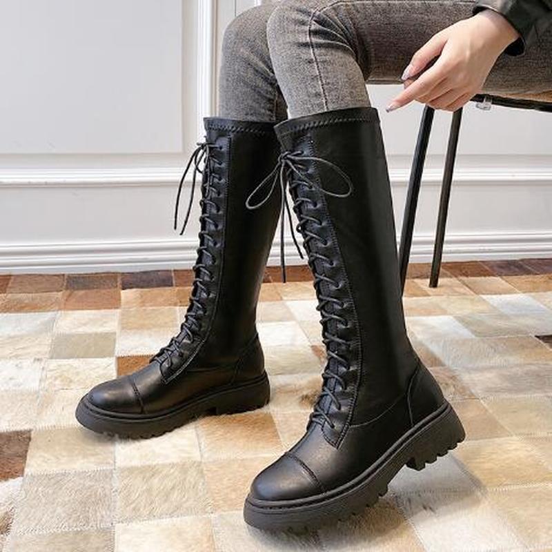 

women mid heels knee high boots gladiator PU leather booties booties knight warm shoes zapatos de hombres personlizar D1971, Black