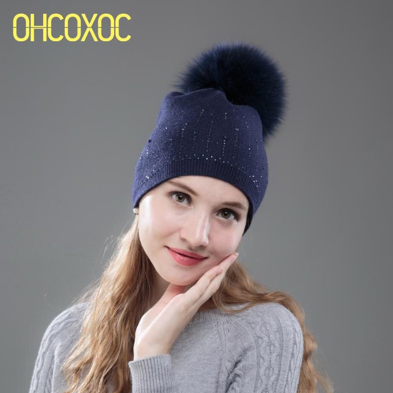 

OHCOXOC New Women Beanies Real Fur Pom Poms Ball Cap Keep Warm Beanies Skullies Shiny Rhinestone Autumn Winter Hat, Mink pompom