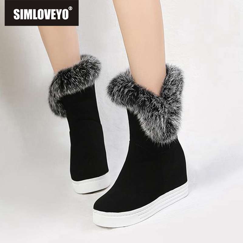 

SIMLOVEYO warm winter snow boots shoes woman height increase fur wedge boots platform round toe booties botas mujer chaussures, Black dan inside