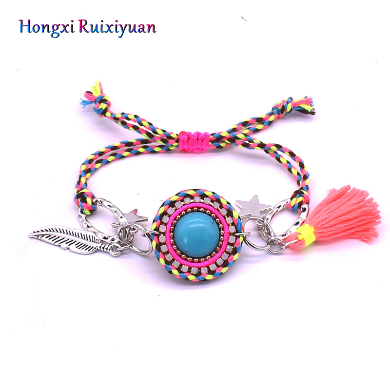 

Fashion Bracelet Alloy Feather Star Round Bracelet Bohemian Style Ms. Glamour Color Rope Handmade Activity Knot Jewelry
