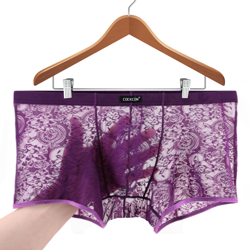 

Sexy Men's Sheer Underwear Boxers Gay Men Transparent Underwear Shorts Lace Panties Male Men Hot U convex soft ice silky boxer, Black