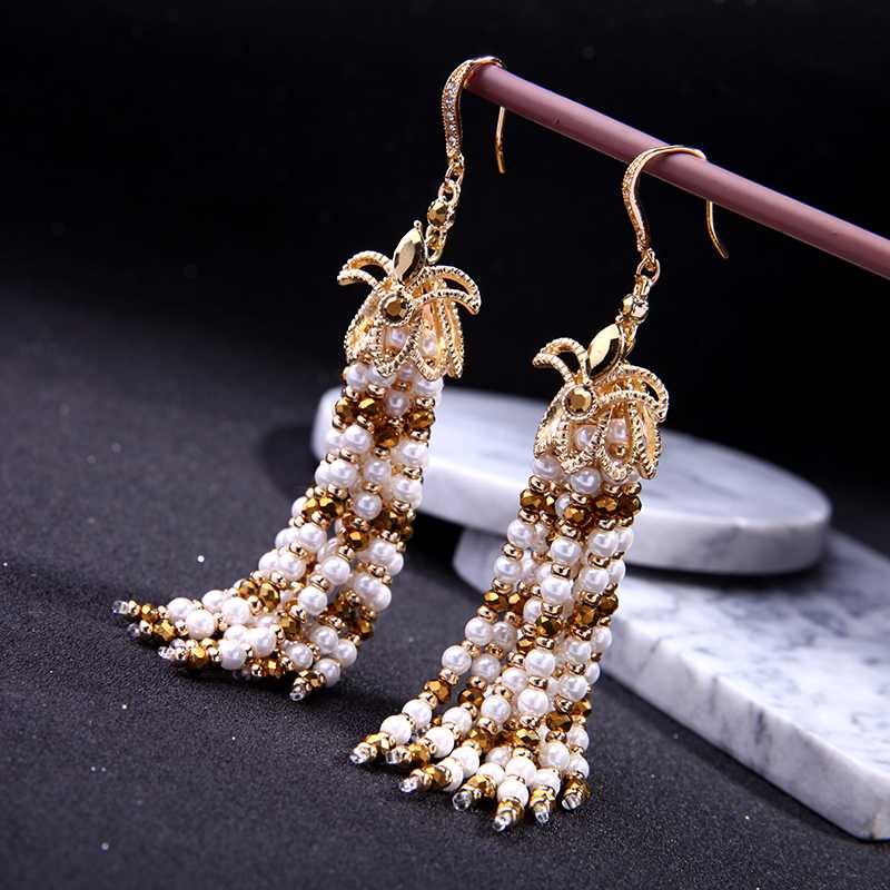 

Vintage Gold Color Tassel Earrings Women Statement Jewelry Simulated Pearl Fringe Pending Chunky Earrings Brincos