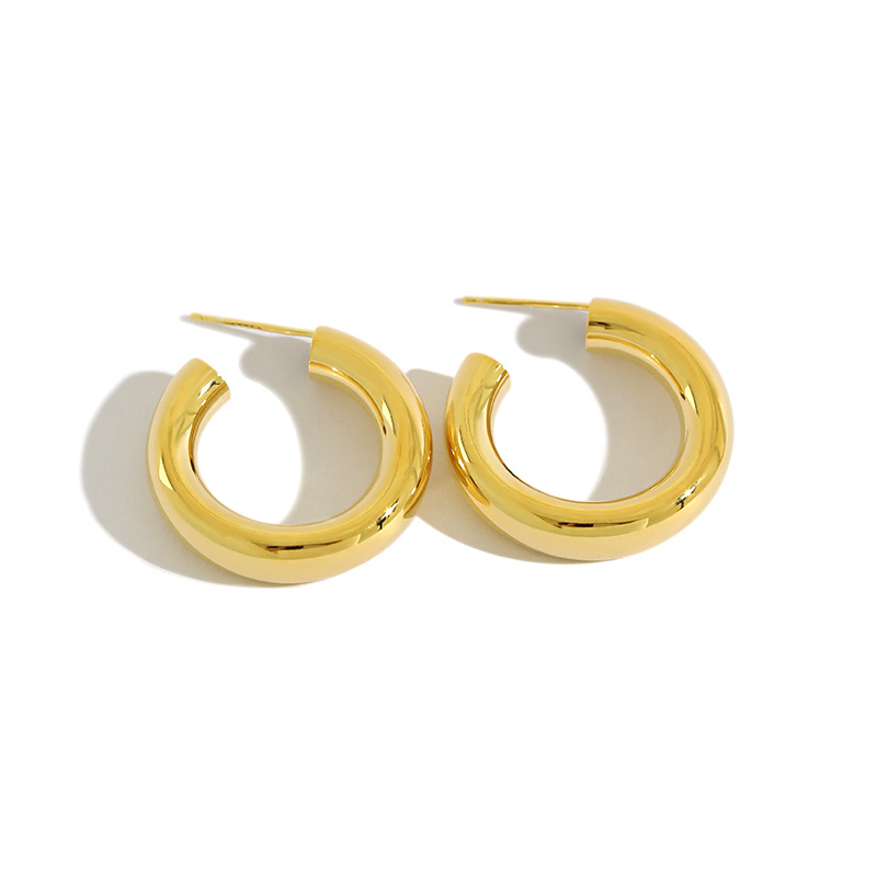 

European S925 Sterling Silver Ear Stud Normcore Style Metal C- Shaped Exaggerated Ring Earrings Ear Stud Female Simple