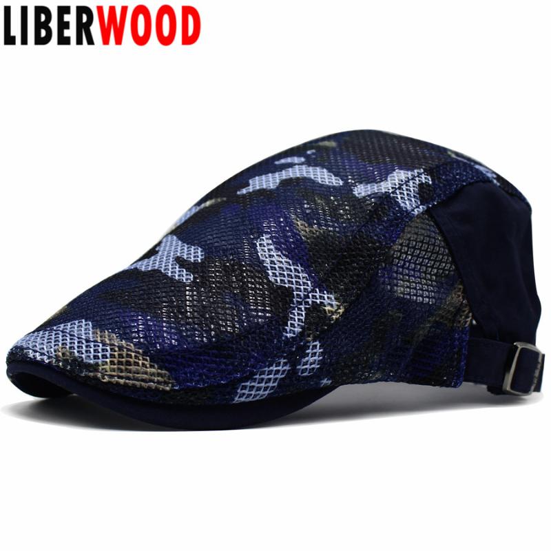 

LIBERWOOD Men Breathable mesh Summer hat Newsboy Beret Ivy Cap Cabbie Flat Cap Duckbill Beret camo Hunting Fishing Hat