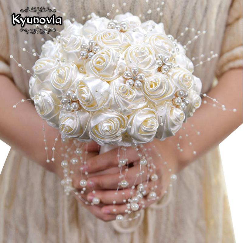 

Beautiful In Stock Ivory Ribbon Flowers Stunning Pearls Beaded Bridal Bouquet Bridesmaid Wedding Bouquets Ramo De Novia BY53, White