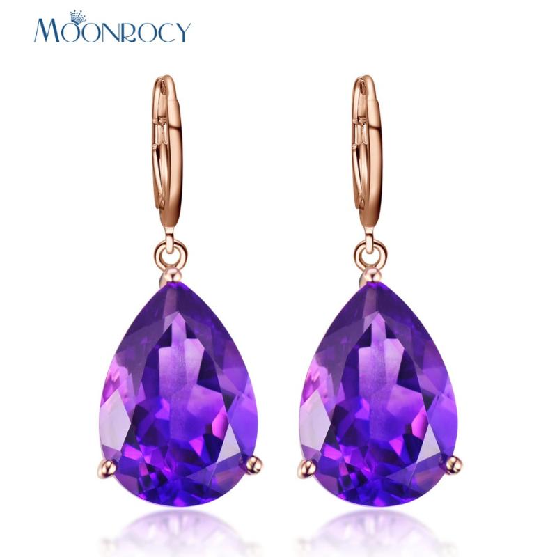 

MOONROCY Drop Shipping Rose Gold Color CZ Purple Crystal Pendant Earrings Waterdrop for Women Girls Earring Jewelry Gift