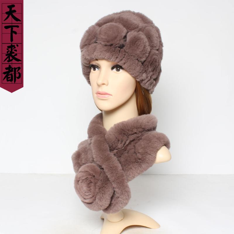 

Winter Authentic Rex Fur Hats Scarfs Sets Lady Floral Design Natural Real Rex Fur Scarf Fashion Genuine Sets, Color 2