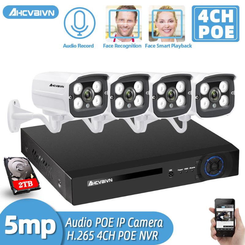 

H.265 4CH 5MP POE Security Camera System Kit 4PCS 5MP HD POE IP Camera Outdoor Waterproof CCTV Video Surveillance Audio NVR 2TB