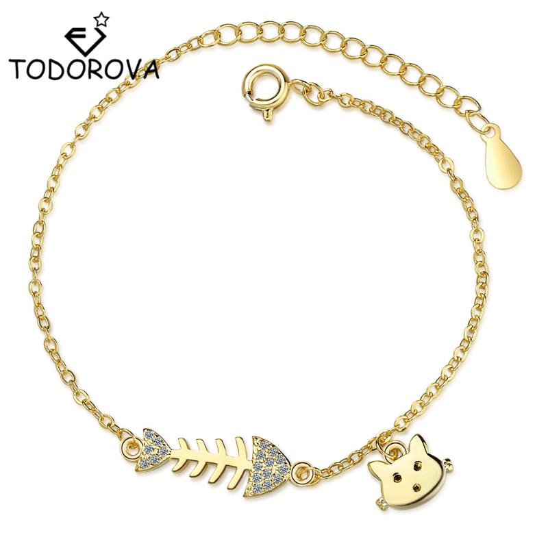 

Todorova Micro Pave Cubic Zirconia Fish Bone Cat Charm Bracelets for Women Fashion Jewelry Adjustable Chain Bracelet Girls Gift
