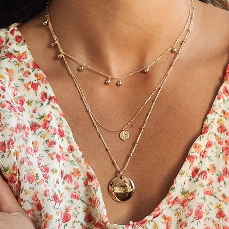 

Vintage Golden Plated Beads Tassel Round Pendant With Letter Kiss Wife Charms Necklace Women Multilayer Chokers Boho Jewelry