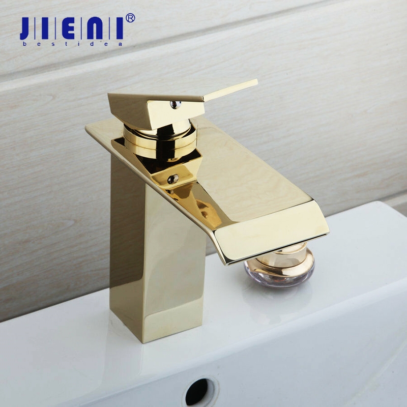 

JIENI Luxury Golden Plated Bathroom Basin Sink Mixer Tap Faucet Solid Brass Mixer Waterfall Tap Bathroom Sink Faucet