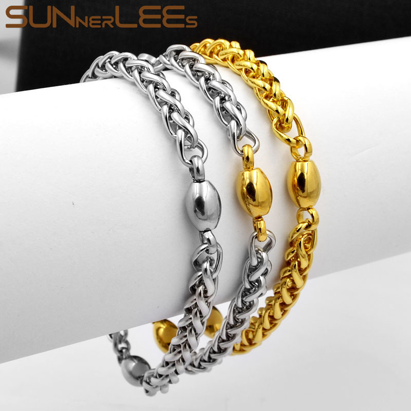 

SUNNERLEES Jewelry Stainless Steel Bracelet 6mm Geometric Wheat Link Chain Silver Color Gold Plated Men Women Gift SC159 B