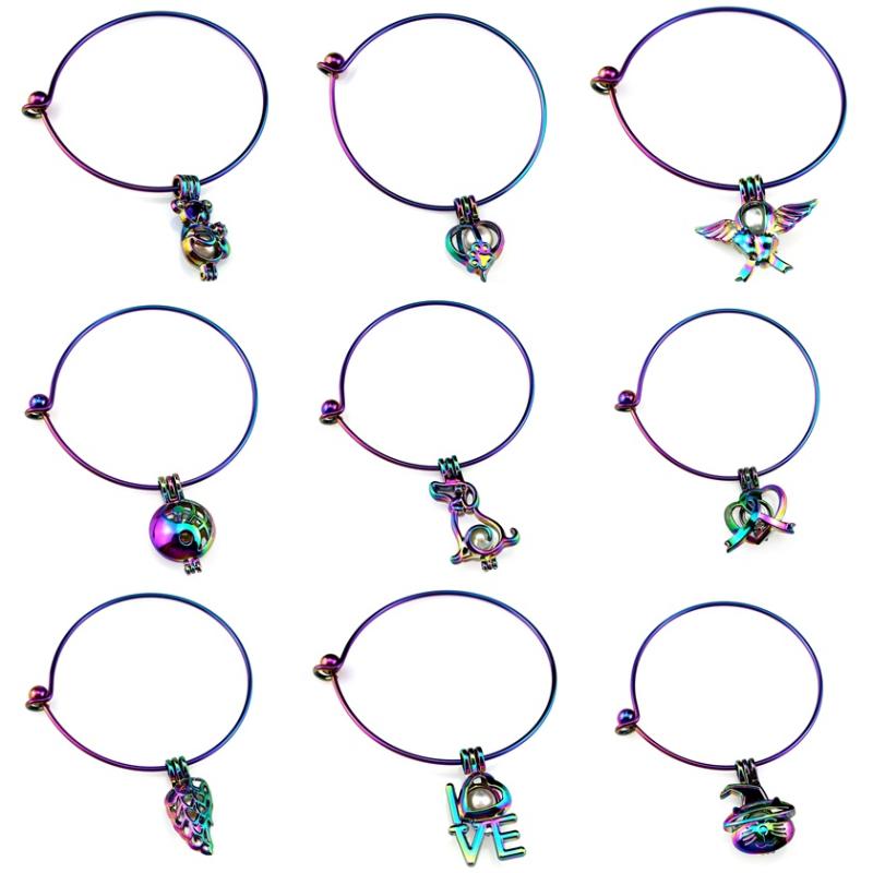 

Rainbow Animal Witch Hat Beads Cage Locket Wrist Girl Kids Expandable Wire Steel Bracelet Bangle