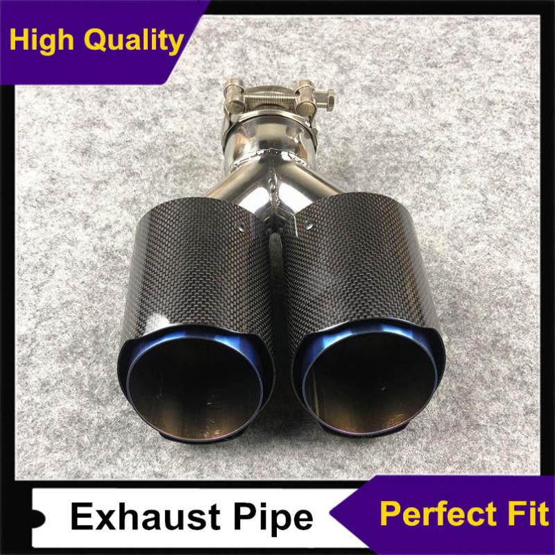 

One Piece Dual Car Blue Stainless Steel Exhaust Muffler Pipe For Universal Glossy Carbon Exhasut Tips Accessories