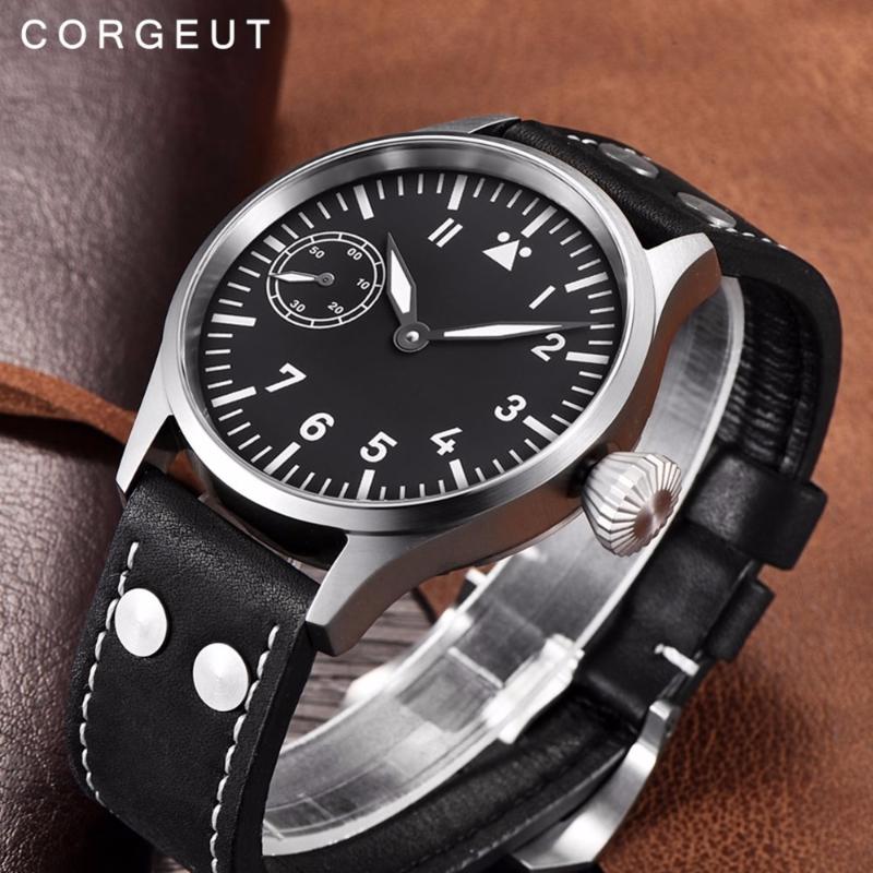 

Wristwatches 44mm Man Watch 17 Jewels Mechanical Hand Winding Seagull 3600 6497 Movement Leather Sport Luminous Wristwatch 316L Steel, Black case