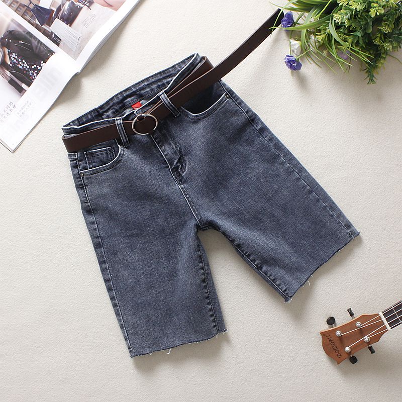 

2020 Summer Women' Denim Shorts Smoky Grey High Waist Elastic Solid Washed Pockets Button 100% Cotton Mid Straight Shorts 661, Dark grey