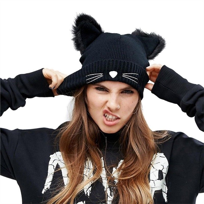 

High Quality Womens Beanies Warm Skullies Women Cute Cat Earflap Caps Womens Knit Beanie Hat Black New Winter Warmer Beanies