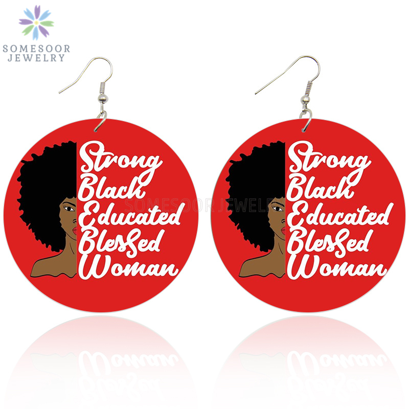 

SOMESOOR Strong Black Educated Blessed Woman Wooden Drop Earrings Double Sides Printing Afro Dangle Jewelry For Lady Girl Gifts