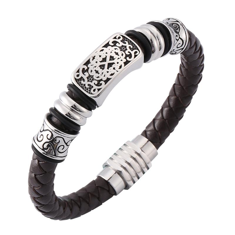 

Vintage creative pattern men's brown woven leather bracelet Stainless steel magnetic buckle fashion charm bracelet 7-SP0131