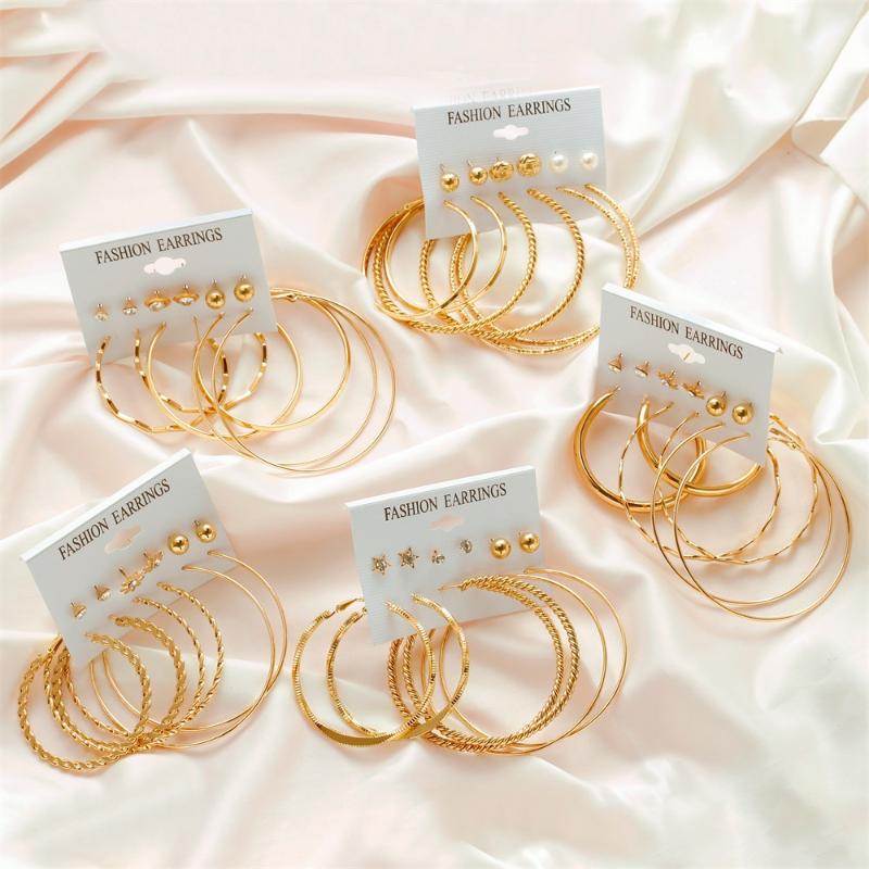 

Gold Color Crystal Pearl Flower Stud&Hoops Mixed Earrings Set for Women Female Party Wedding Earring Sets Fashion Jewelry