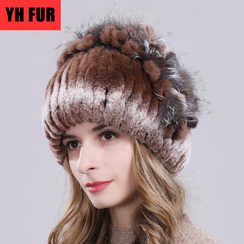 

2020 Natural Rex Fur Flowers Hat Women Winter Warm Handmade Knit Real Rex Fur Caps Lady With Beanies Hats, Color 12