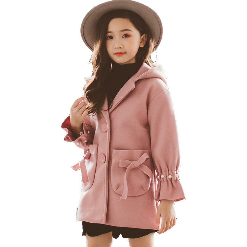 

Woolen Jacket for Girl Vintage Solid Girl Jacket Childrens Fashion Long Woolen Coat Kids Winter Warm Coat Children Clothing, As picture