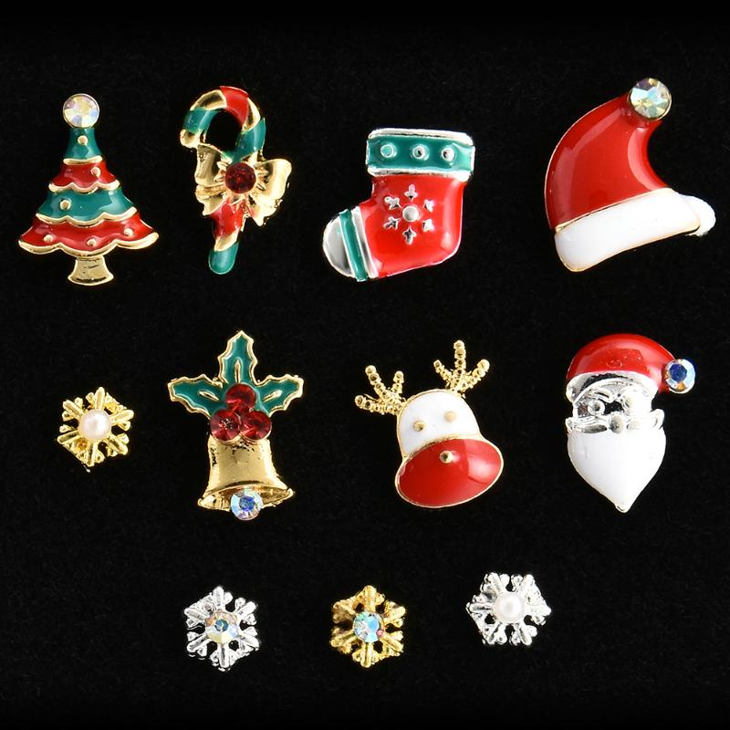 

9 Designs Christmas Tree Sock Snowflake Nail Art Decorations Alloy Metal DIY 3D Nail Rhinestones Accessories Jewelry Tools, Silver;gold