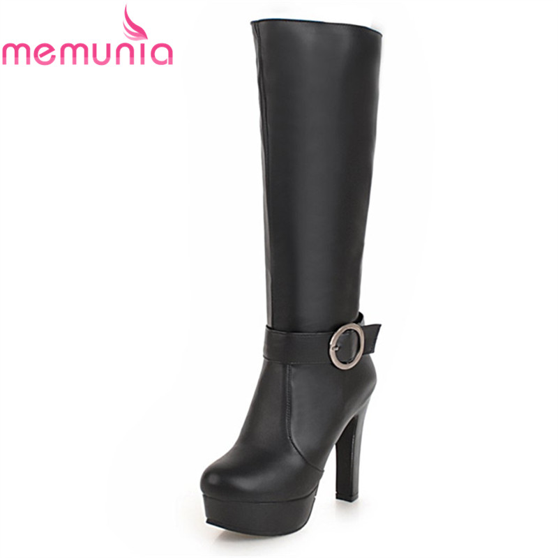 

MEMUNIA NEW arrival 2020 knee high boots women solid zip 11.5 cm thick high heels boots round toe with buckle platform shoes, Beige