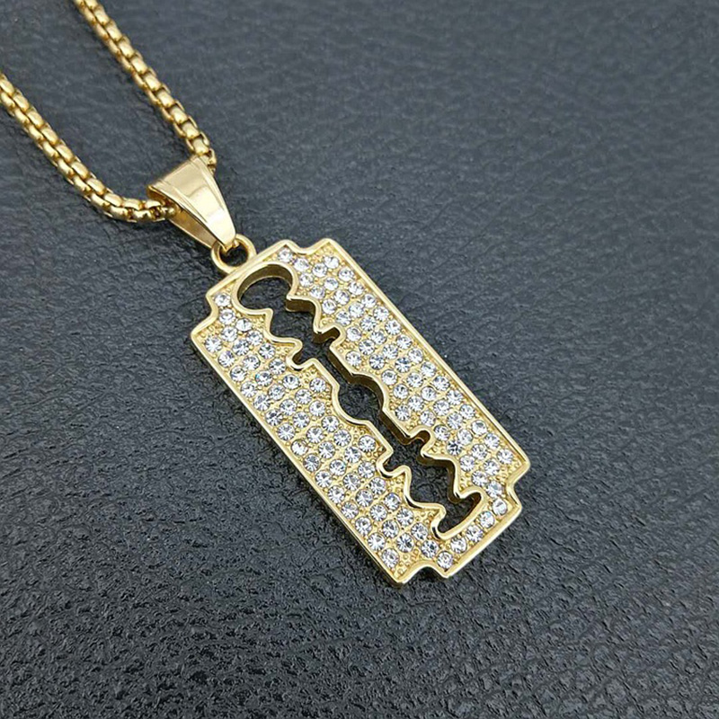 

Hip Hop Bling Iced Out Gold Color Stainless Steel Barber Blade Pendants Necklace for Men Rapper Jewelry Drop Shipping