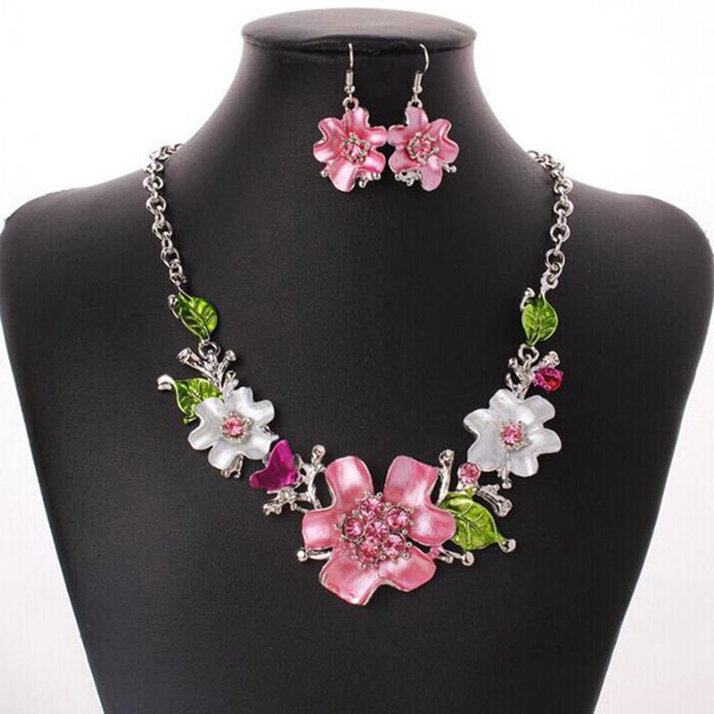 

Fashion Rose Flower Enamel Jewelry Set Flower Gold Color Pink Painting Bridal Jewelry Sets For Women Wedding, As pic