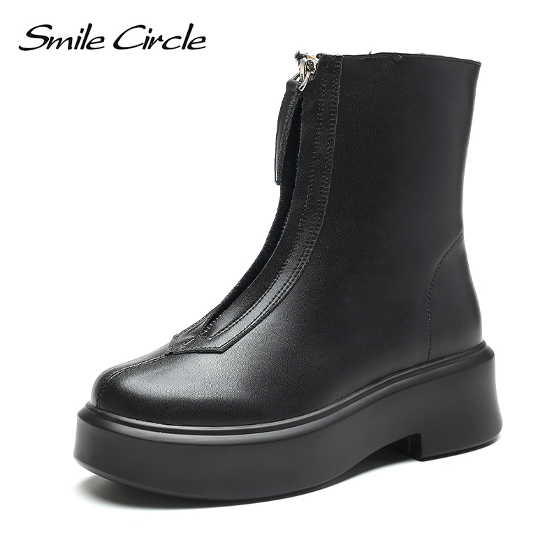 

Smile Circle Ankle Boots Women Genuine Leather Flats Platform shoes Thick bottom Front zipper Casual Ladies Short Boots, Black