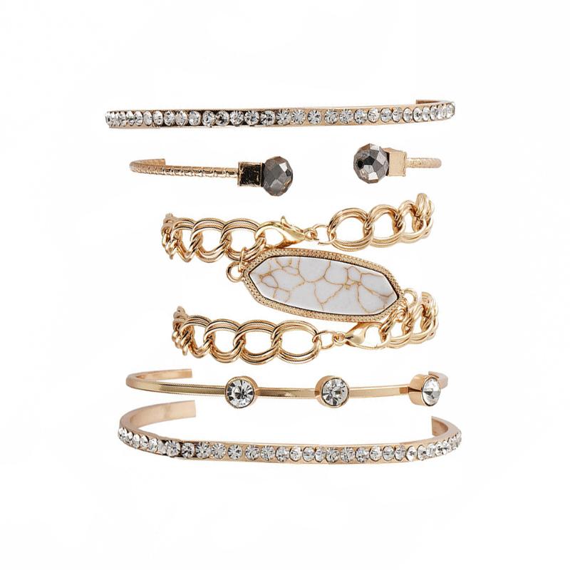 

5Pcs/Set Women Gold Multilayer Bracelets Set Geometric Chain Crystal Gem Bead Open Bracelet Fashion Party Jewelry Accessories