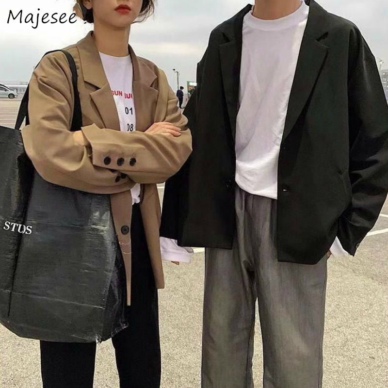 

Blazers Men Solid Single Breasted Casual Suits Couples All-match Fashion Mens Korean Style Harajuku Streetwear Unisex Outwear BF, Black