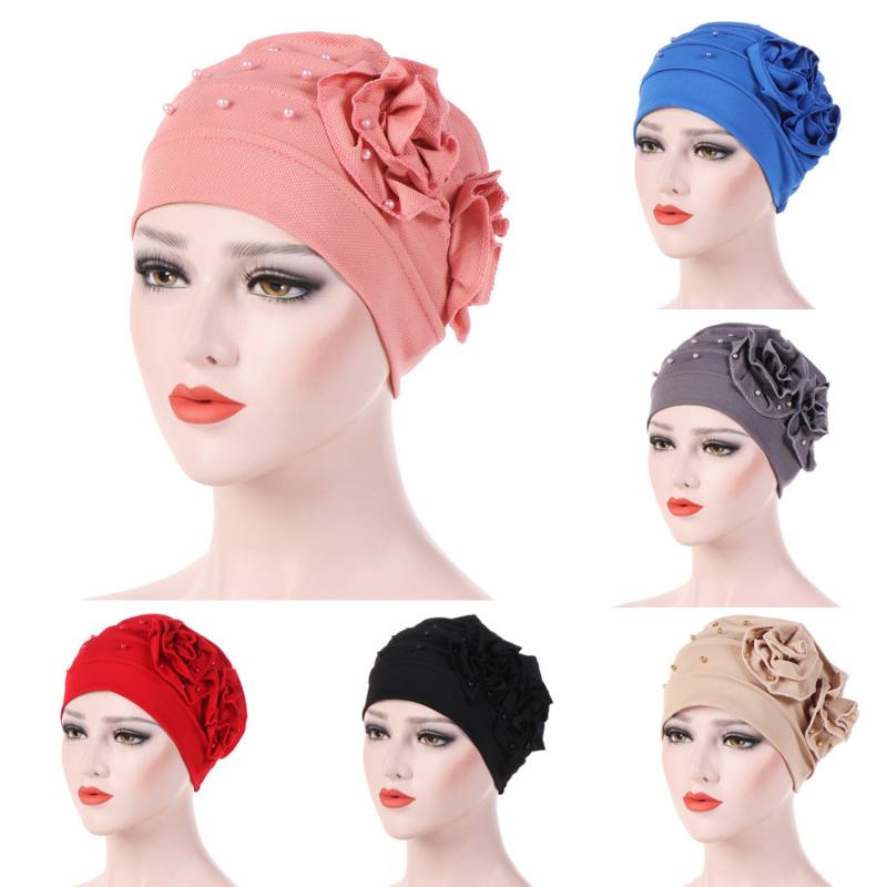 

Women Flower Muslim Hair Loss Cap Turban Hat Cancer Elastic Fashion Chemo Hot Drilling Cotton Head Wrap Solid Color Hat New 2020, Beige