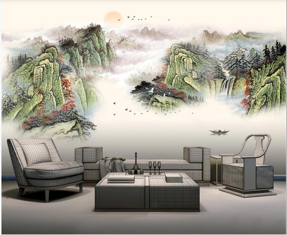 

wall paper 3 d custom photo mural on the wall Chinese style colorful mountain river scenery decor photo wallpaper in the living room, Non woven wallpaper