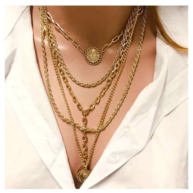 

Jouval Punk Multilayer Gold Chains Flower Coin Choker Tassel Pendant Necklace For Women Long Sweater Chain Boho Jewelry Collares
