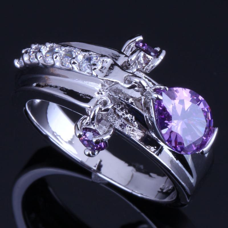 

Graceful Water Drop Purple Cubic Zirconia White CZ Silver Plated Ring V0397