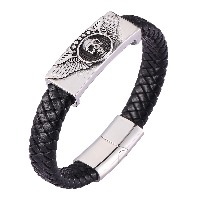 

New Punk Black Braided Genuine Leather Bracelet Skull Stainless Steel Magnetic Buckle Leather Woven Wristband Men Jewelry C0483