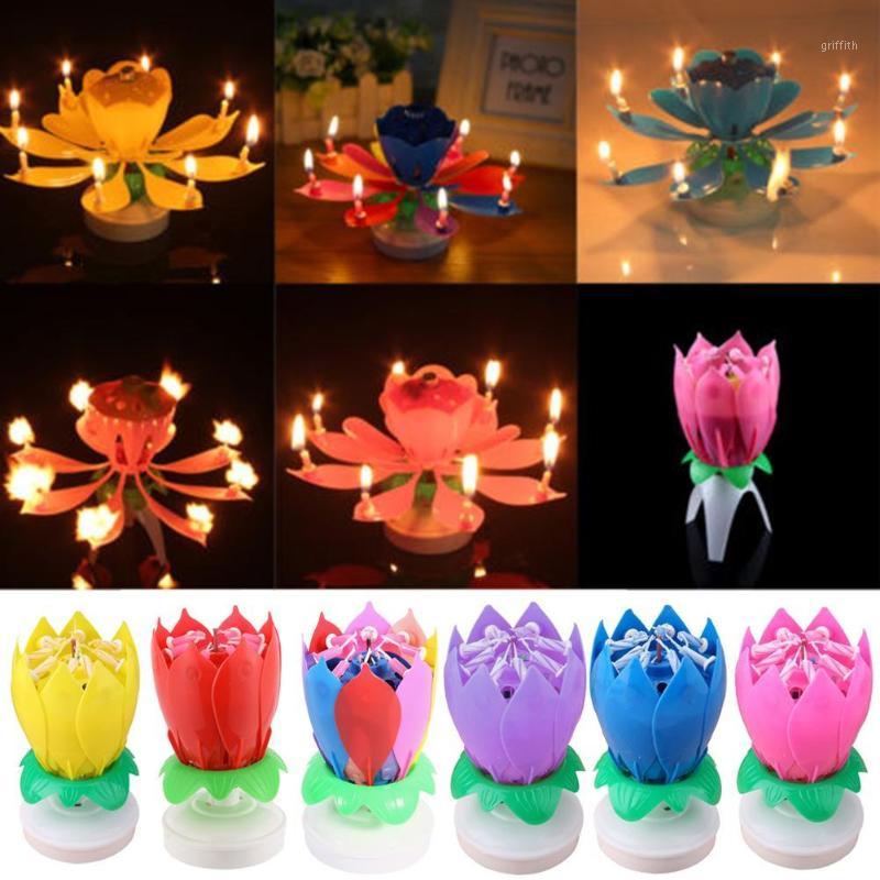 

1PC Beautiful Blossom Lotus Flower Candle Birthday Party Cake Music Cake Topper Rotating Candles Decoration1